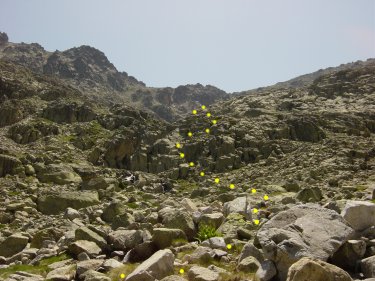 Arroyo del rebosadero de Las Cinco Lagunas (Marcado con circulos amarillos el acceso a la Laguna Bajera)