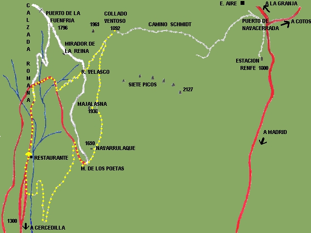 Ver descripcin de ruta circular: Las Dehesas de Cercedilla, Calzada Romana a La Fuenfria, Pradera de los Corralitos, Fuente R. Velasco, Collado Ventoso, Senda de los Alevines, Majalasna, Navarrulaque, Miradores de los Poetas, Senda del Sevillano, Las Dehesas.