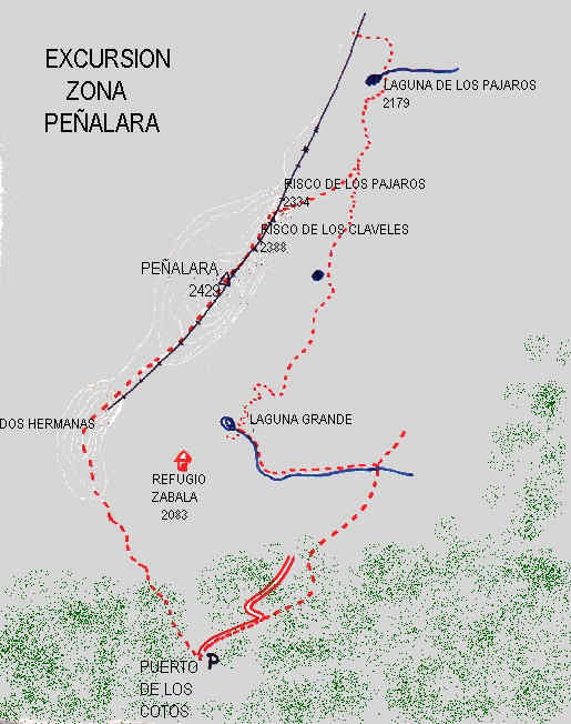 Ver descripcin ruta: Puerto de los Cotos, Laguna grande de Pealara, Laguna de los Claveles, Laguna de los Pajaros,  Risco de los Pajaros, Paso del risco de los Claveles, Cima de Pealara, Dos Hermanas, Cotos.