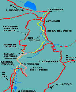 Ruta: Las Dehesas de Cercedilla, Calzada romana al Puerto de la Fuenfria, Ruinas del Convento de Casaras, Fuente de la Reina, Rio Eresma, Boca del Asno, Los Asientos, Valsain y La Pradera, Sendero Real, La Granja.