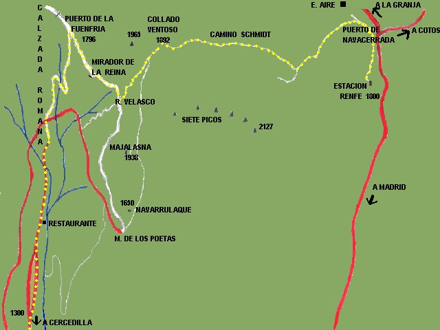 Ver descripcin de ruta: Puerto de Navacerrada, Camino Schmidt, Collado ventoso, Fuente R. Velasco, El Lanchazo ( mirador de la reina) , Puerto de la Fuenfra, Calzada Romana, Las Dehesas,  Estacin de tren de Cercedilla.