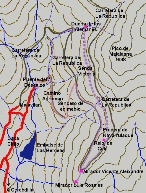 Ver descripcin de ruta: Majavilan ( Las Dehesas de Cercedilla ), Camino Agroman, Vereda de Enmedio, Carretera de la Republica, Mirador Vicente Aleixandre, Mirador Luis Rosales, Reloj de Cela, Navarrulaque, Senda Victoria, Ducha de Los Alemanes, Arroyo de las Navajuelas, Majavilan.