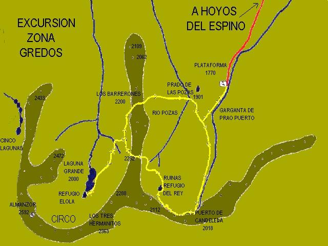 Ver descripcin de ruta: Plataforma de Gredos, Puerto de Candeleda, Refugio del Rey, Laguna Grande de Gredos, Refugio Elola, Los Barrerones, Prado de Las Pozas, Plataforma. Gredos