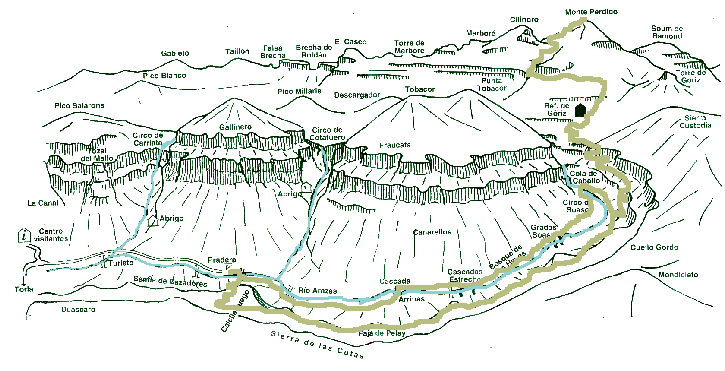 Ver descripcin de ruta: Pradera de Ordesa, Senda de los Cazadores, Mirador de Calcilarruego, Faja Pelay, Circo de Soaso, Refugio de Goriz, Lago Helado, Monte Perdido, Cola de Caballo, Gradas de Soaso, Cascada del Estrecho, cascada de Arripas, Pradera de Ordesa. Pirineos.